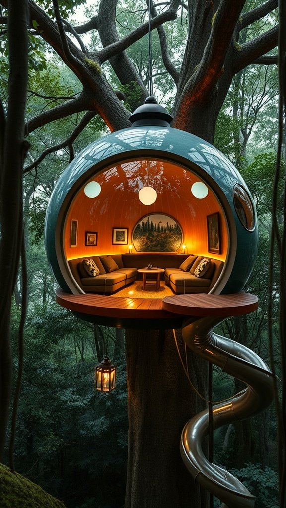 A futuristic Jungle Cubby House shaped like a pod, nestled in trees with a slide.