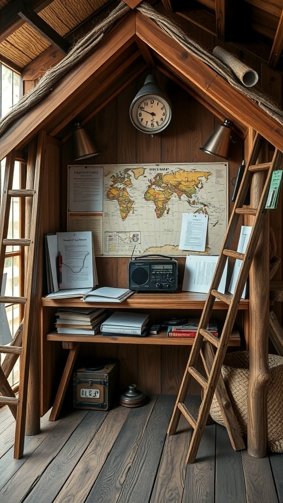 Interior of a wooden Jungle Cubby House with a world map, books, and a vintage radio.