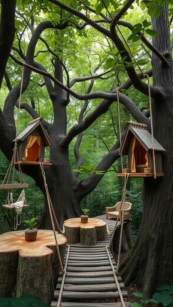 A tree with wooden cubby houses and a rope bridge, designed for children's play.