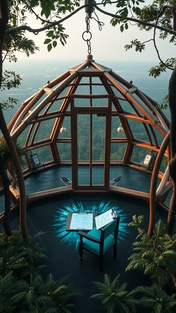 A wooden Jungle Cubby House with large glass panels, surrounded by greenery, featuring a chair and desk inside.