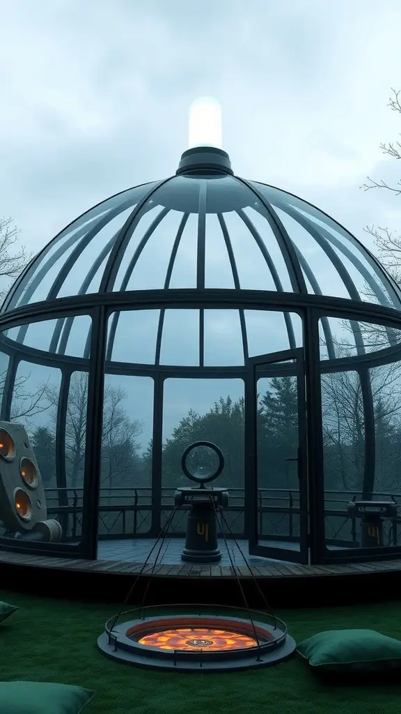 A glass dome structure resembling a futuristic pod, surrounded by a lush jungle.