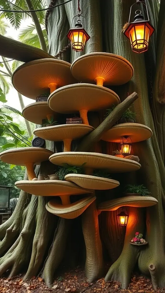 A whimsical treehouse resembling mushrooms, with warm lanterns and a wooden staircase, set in a lush jungle.