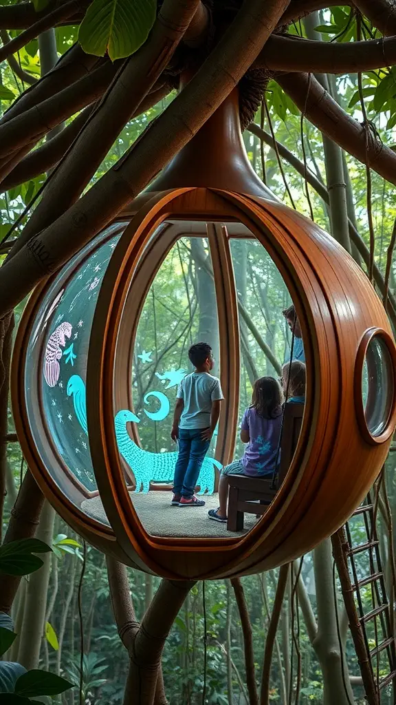 A glass and wood spherical cubby house hanging in a tree, with two children inside enjoying their time.