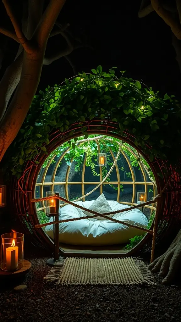 A cozy reading pod surrounded by greenery, featuring soft lighting and comfortable cushions.
