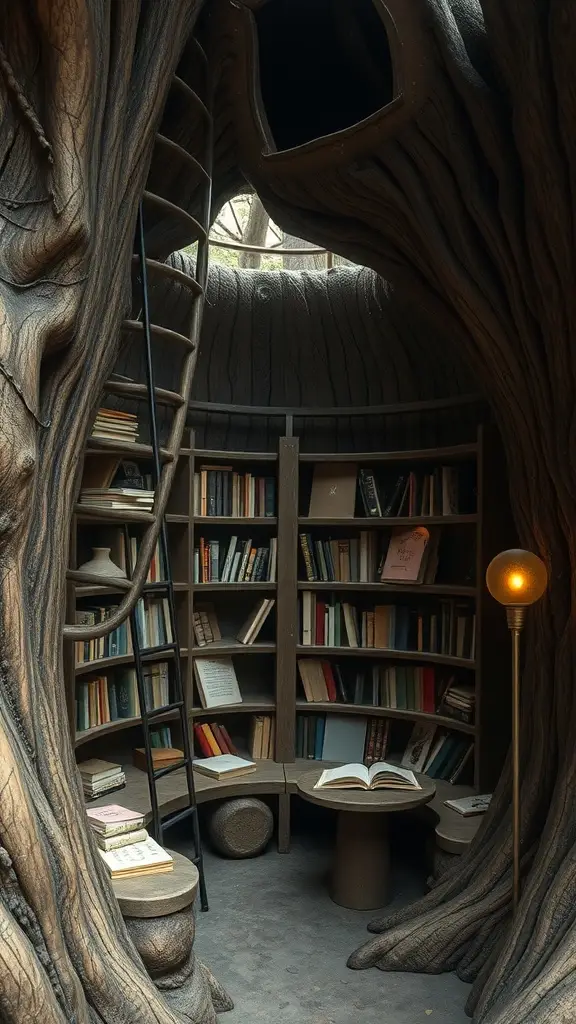Interior of a hollow tree classroom with bookshelves and a spiral staircase.