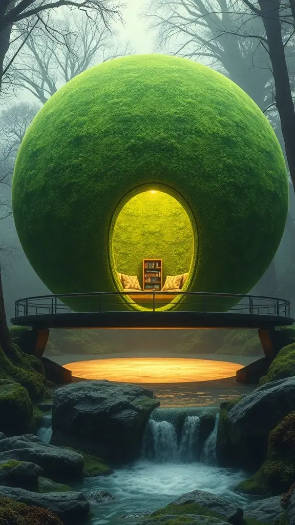 A moss-covered orb hanging in a jungle, featuring a cozy interior with a wooden deck and a scenic screen.