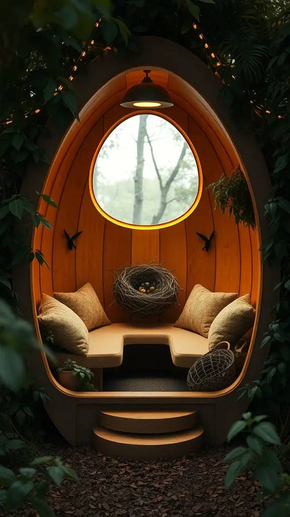 A cozy Jungle Egg Pod with a wooden interior, plush cushions, and a large window surrounded by greenery.