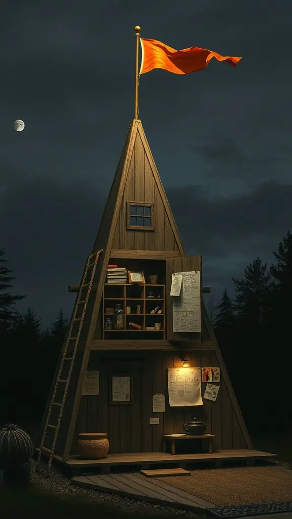 A wooden triangular house with an orange flag, surrounded by trees at night.