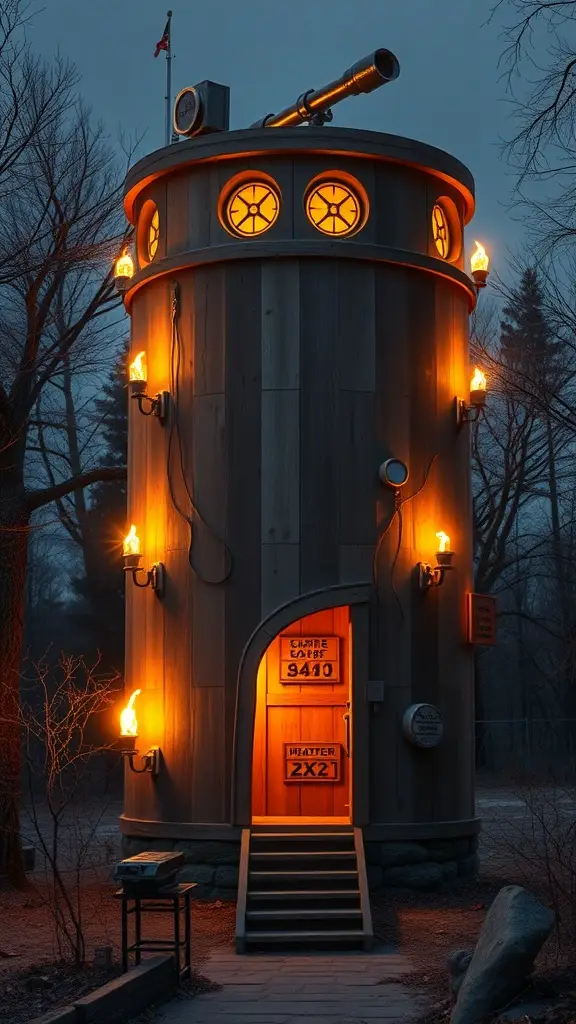 A tall, round wooden tower with glowing lights and a telescope on top, resembling a futuristic outpost.
