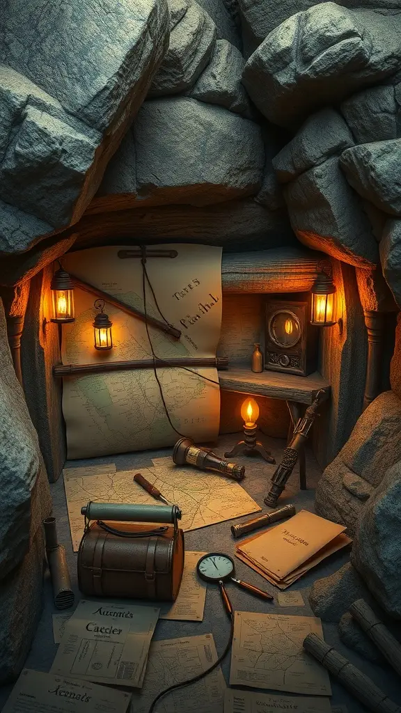 A cozy nook with maps, lanterns, and explorer tools, inspired by a jungle cave.