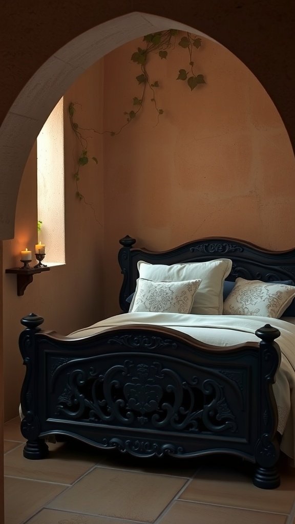 A carved wooden bed in a sunken alcove with candle niches, surrounded by warm earthy tones and vines.
