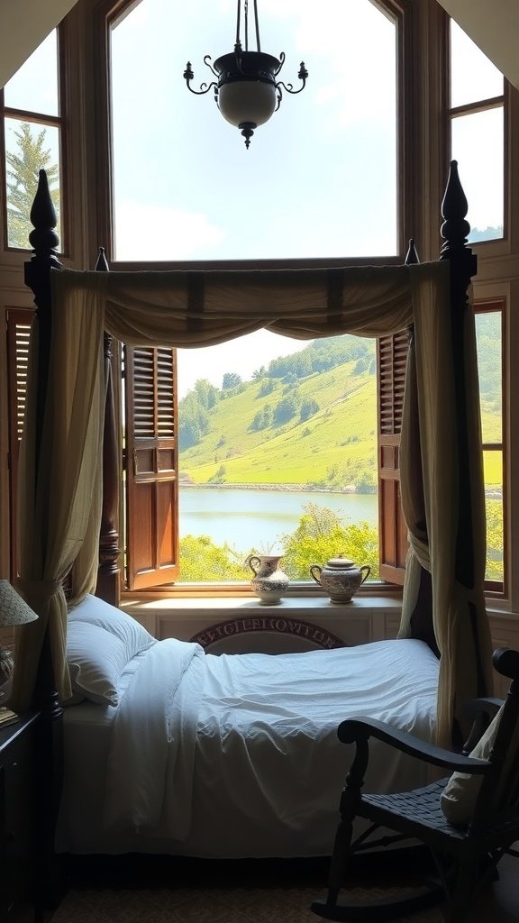 A vintage four-poster bed draped in cream muslin beside open shutters, showcasing a view of Naboo's Lake Country.