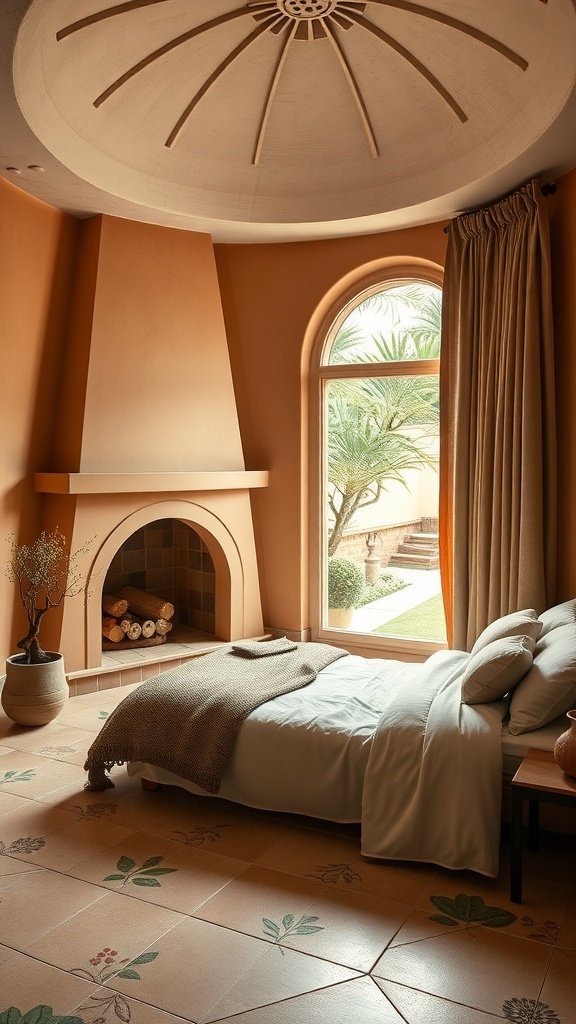 A cozy earth-toned bedroom featuring linen curtains, ornate Naboo tiles, and a fireplace.