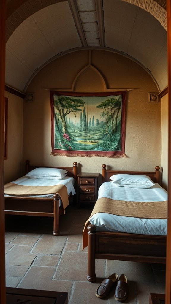 Rustic bedroom with twin beds and a tapestry under a barrel vaulted ceiling