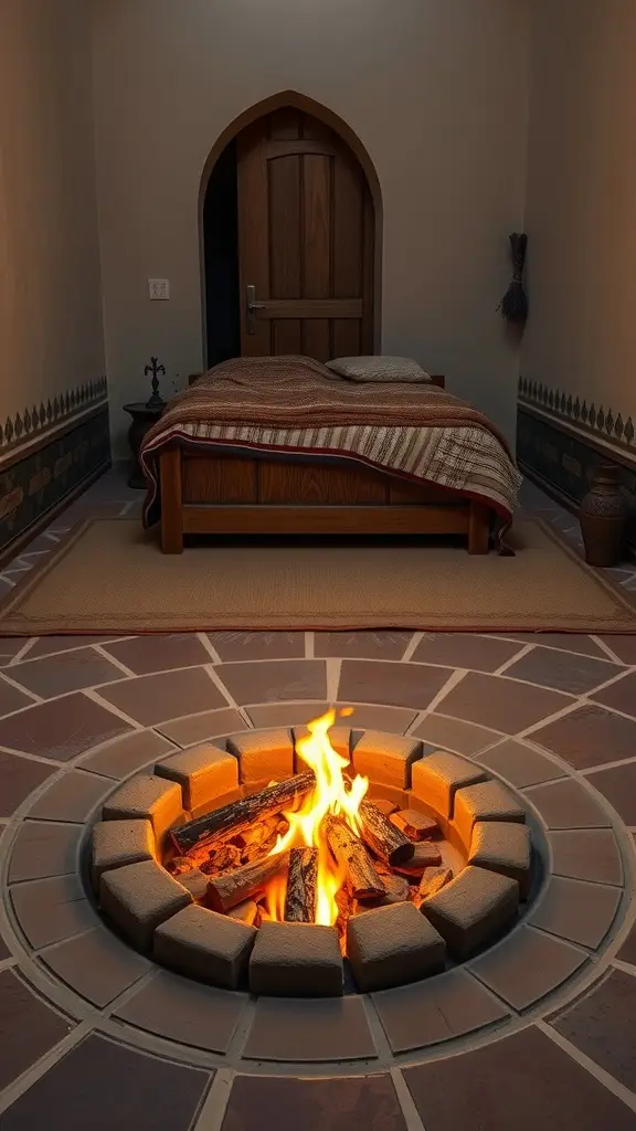 A rustic bedroom featuring a stone floor, a recessed firepit, and raw wood details.