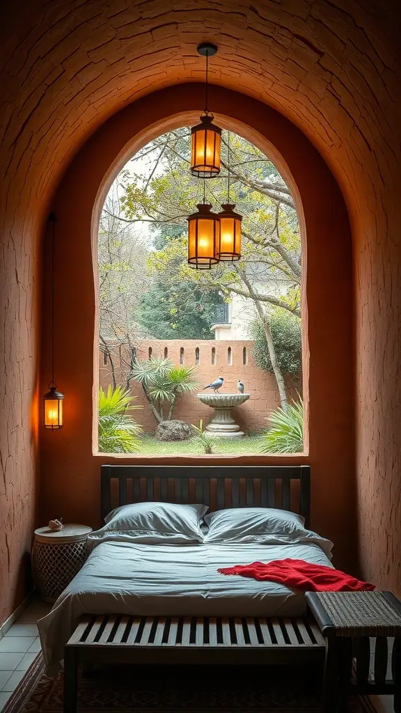 A rustic bedroom with a garden view, featuring a bed, hanging lanterns, and cracked clay walls.