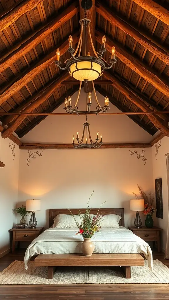 A rustic bedroom featuring a vaulted ceiling, driftwood chandeliers, and wildflower bouquets on bedside tables.