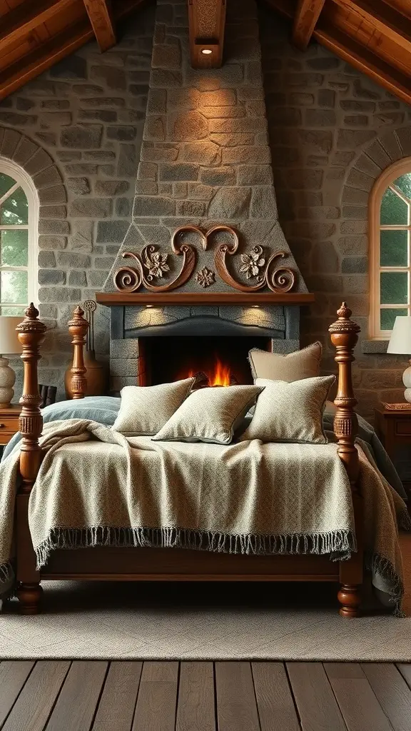 A rustic bedroom featuring a stone fireplace, thick wool throws, and hand-carved bedposts.