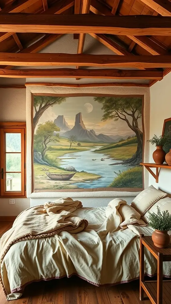 Rustic bedroom with open-beamed ceiling and painted wall fresco depicting a serene landscape.