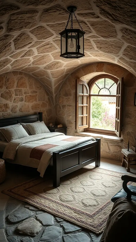 A rustic bedroom with curved stone walls, soft wool rugs, and a lantern light.