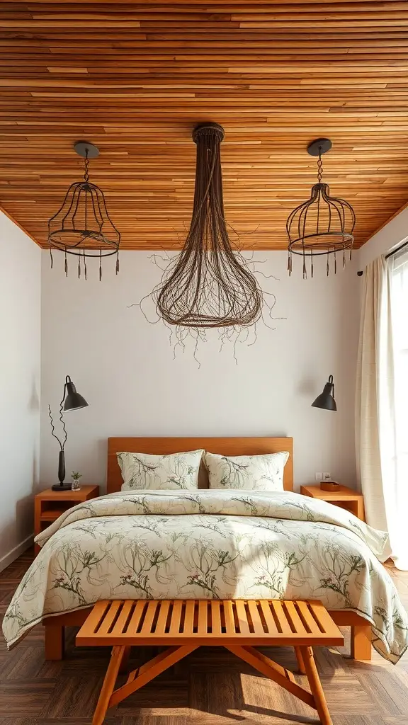 A rustic bedroom featuring a wooden slat ceiling, a chandelier, and floral bedding.