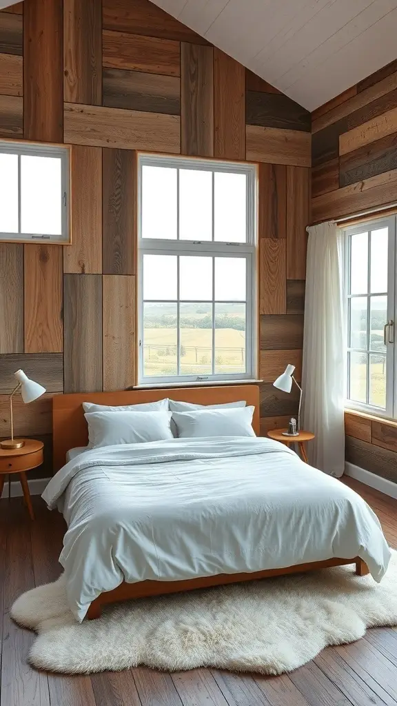 A rustic bedroom featuring a reclaimed wood wall, minimalist linen bedding, and a soft sheepskin rug.