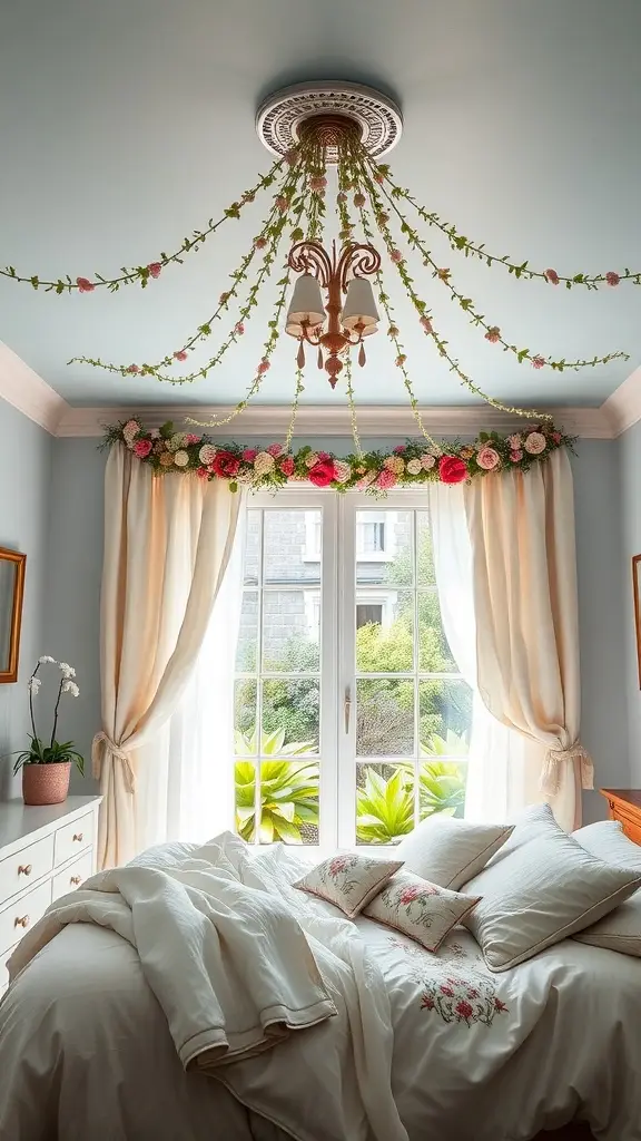 A rustic bedroom with a painted blue ceiling and hanging floral garlands, featuring a cozy bed and large windows.