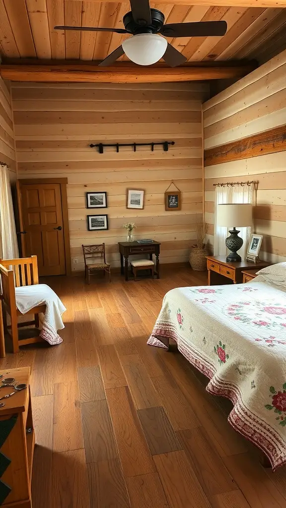 A rustic bedroom featuring wide plank wood flooring, embroidered quilts, and simple wooden furniture.