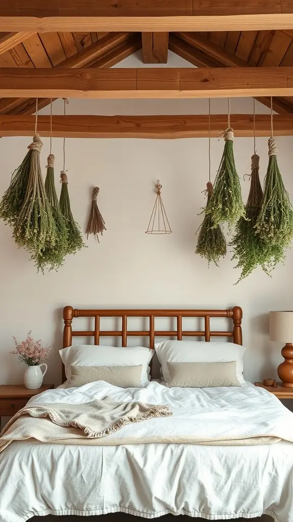 A rustic bedroom featuring wooden beams, hanging dried herbs, and soft linen drapes.