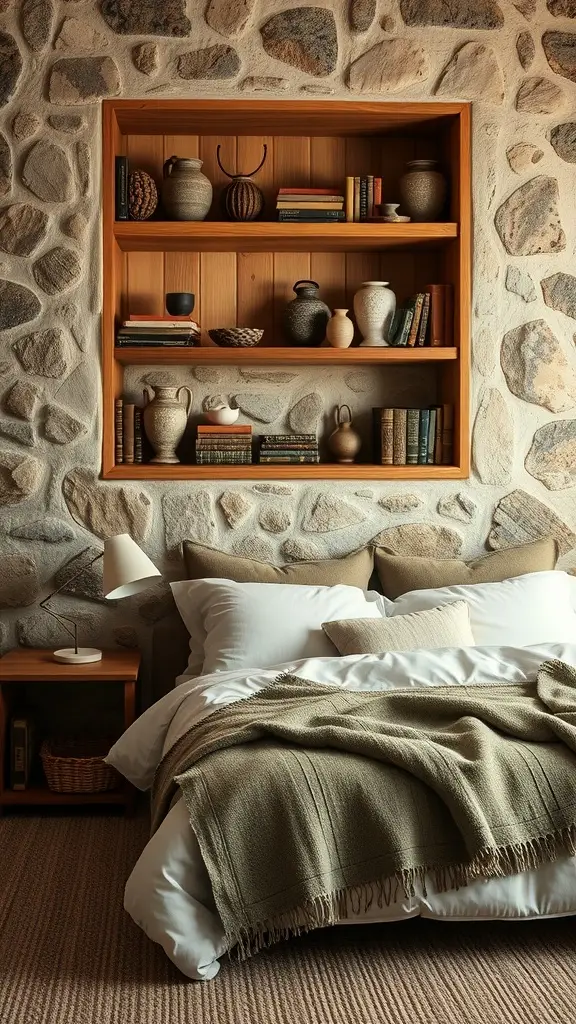 A rustic bedroom featuring a stone wall, built-in wooden bookshelves filled with books and decorative items, and rustic wooden furniture.