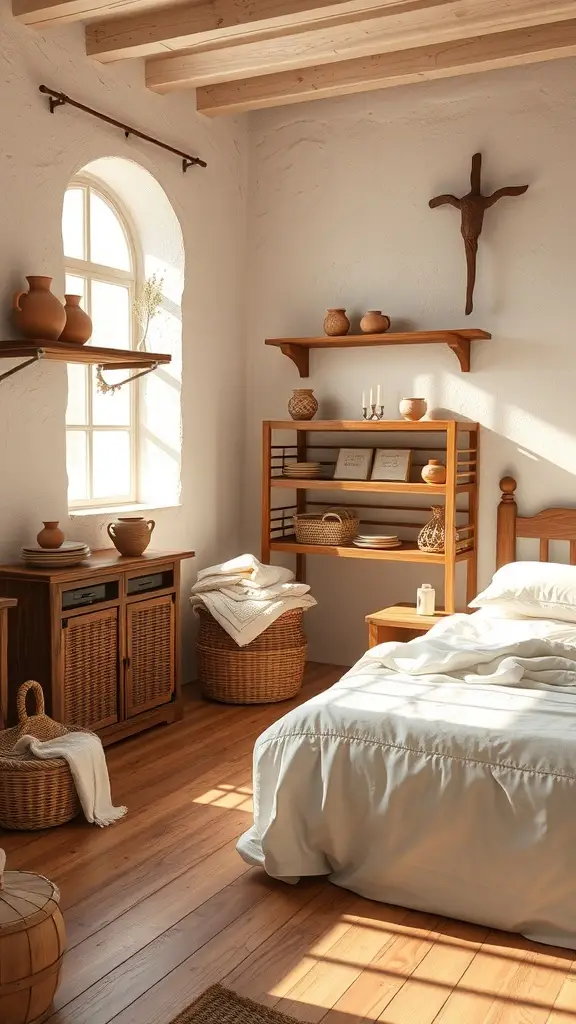 A sunlit rustic bedroom featuring clay pottery, wicker baskets, and wooden furniture.