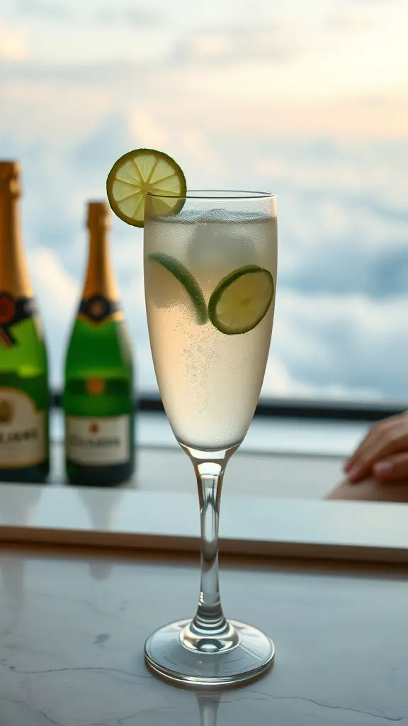 A refreshing Celestial Cucumber Fizz cocktail garnished with cucumber and lime, set against a backdrop of champagne bottles and a cloudy sky.