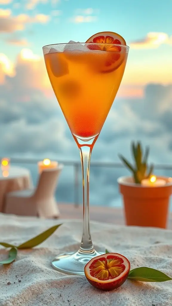 A vibrant cocktail with passionfruit, served in a tall glass against a sunset backdrop.