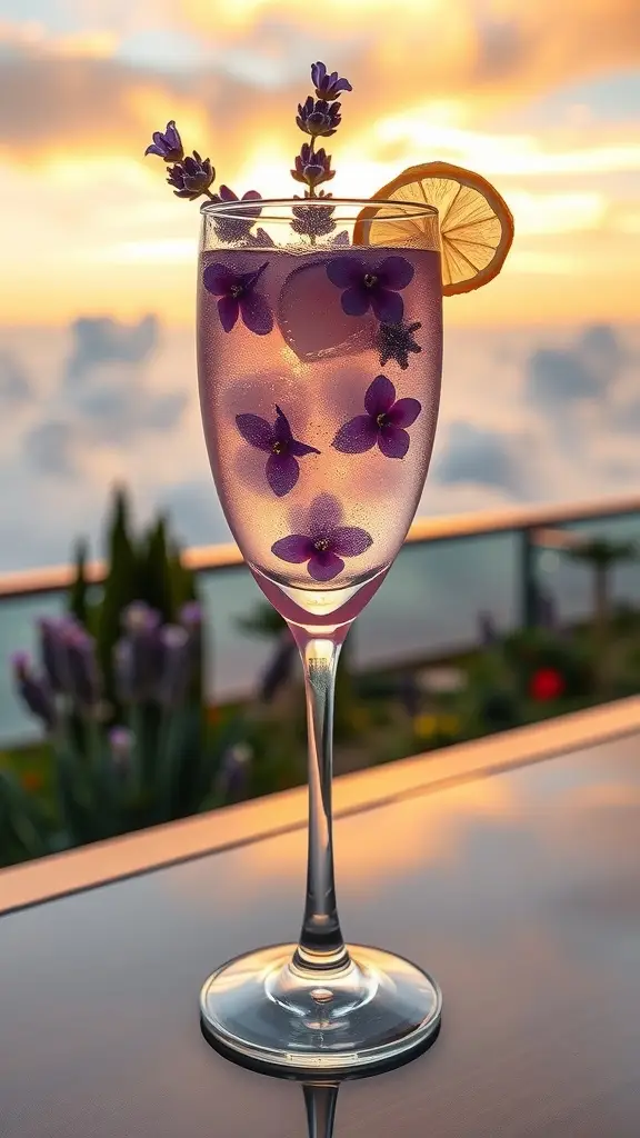 A sparkling lavender cocktail garnished with flowers and a lemon slice, set against a sunset backdrop.