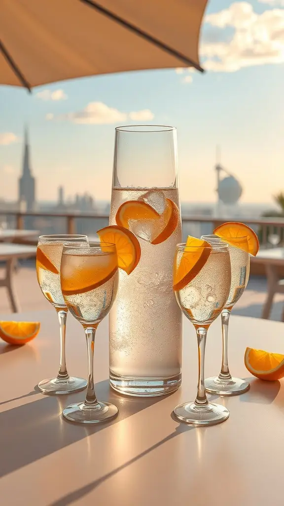 A refreshing champagne cocktail served in elegant glasses with orange slices, set against a beautiful sunset view.