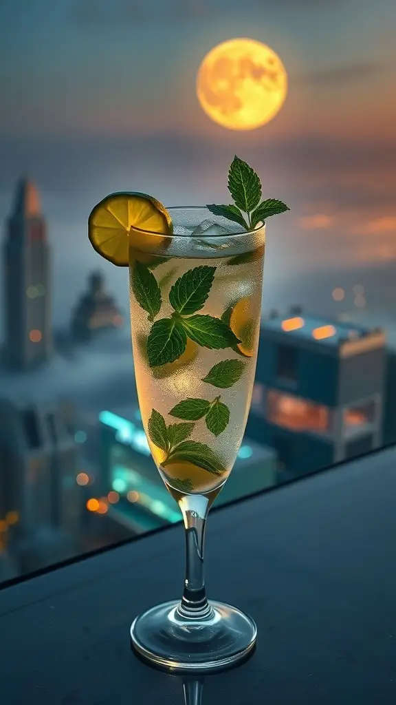 A refreshing Moonlit Mint Mojito cocktail with mint leaves and lime, set against a stunning city skyline and a glowing moon.