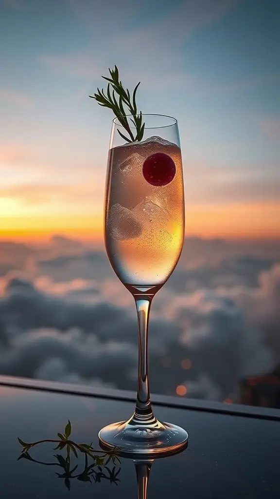 A sparkling cocktail in a flute glass, garnished with a cherry and rosemary, set against a sunset sky.