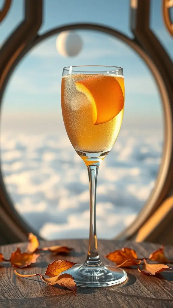 A golden cocktail with an apple slice garnish, set against a backdrop of clouds and a futuristic window.