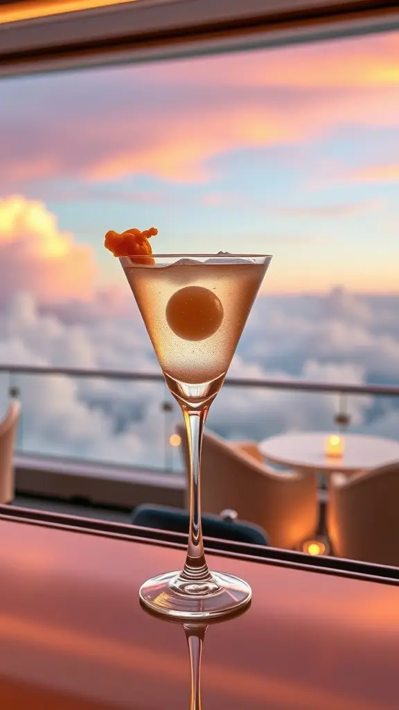 A Ginger Sparkler cocktail in a champagne flute with a sunset view in the background