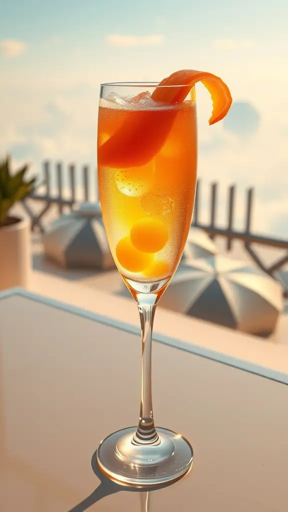 A vibrant cocktail in a champagne flute, featuring citrus peel and shimmer berries, set against a dreamy sky backdrop.