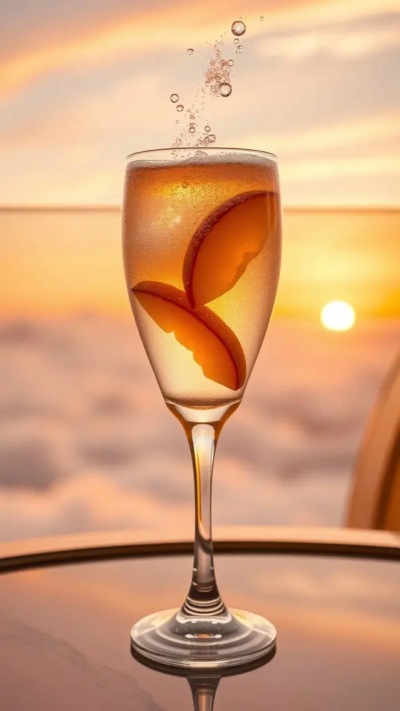 A sparkling peach cocktail served in a crystal flute, garnished with peach slices, against a sunset backdrop.
