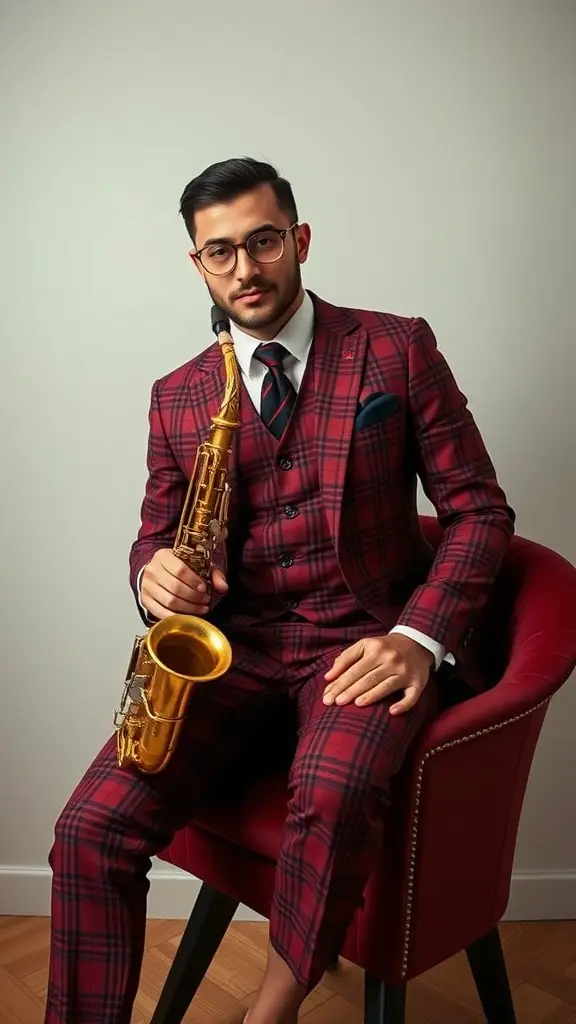 A stylish individual in a plaid suit holding a saxophone, embodying 1960s fashion.