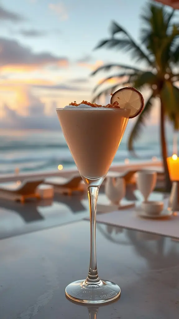 A Coconut Cloud Cream cocktail in a tall glass, garnished with lime and toasted coconut, against a sunset backdrop.