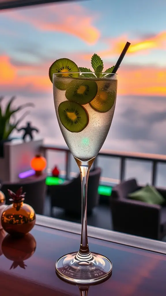 A tall glass of Exotic Kiwi Cooler cocktail garnished with kiwi slices and mint, set against a stunning sunset view.