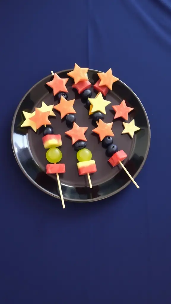 Colorful fruit skewers arranged on a plate with a Star Wars theme.