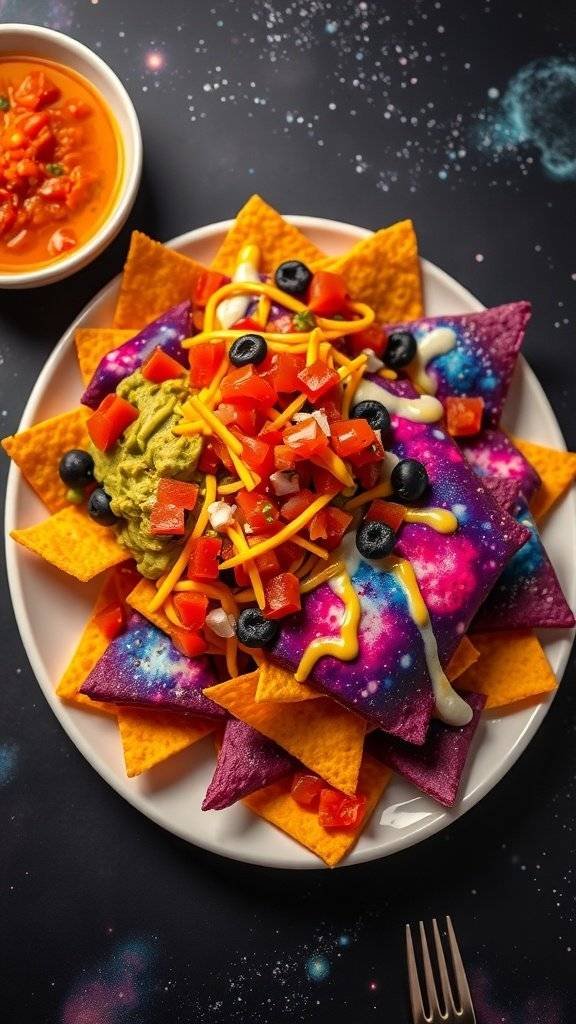 A vibrant plate of nachos topped with colorful veggies and a green dip, set against a starry background.