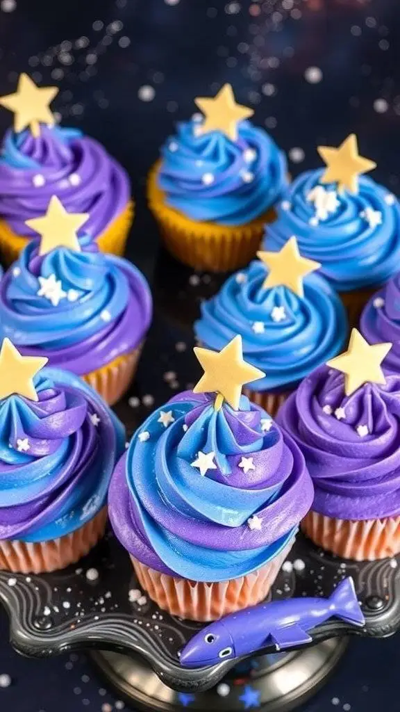 Colorful cupcakes with blue frosting and star decorations, themed for a galactic party.