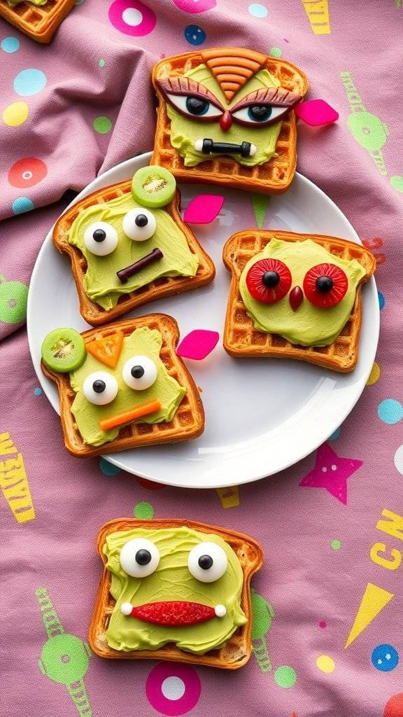 Colorful alien-themed avocado toasts on a plate.