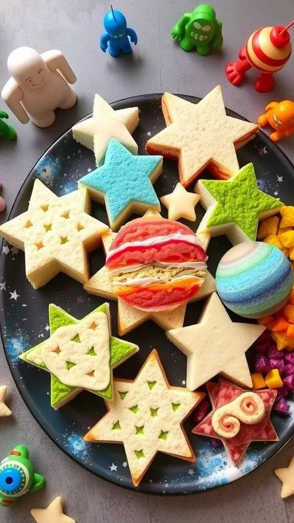 Colorful star-shaped sandwiches on a platter, surrounded by fruits and snacks, with a space-themed backdrop.