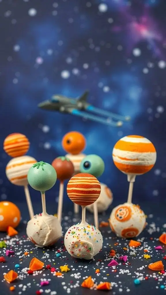 Colorful cheese pops resembling planets on sticks, set against a starry background.